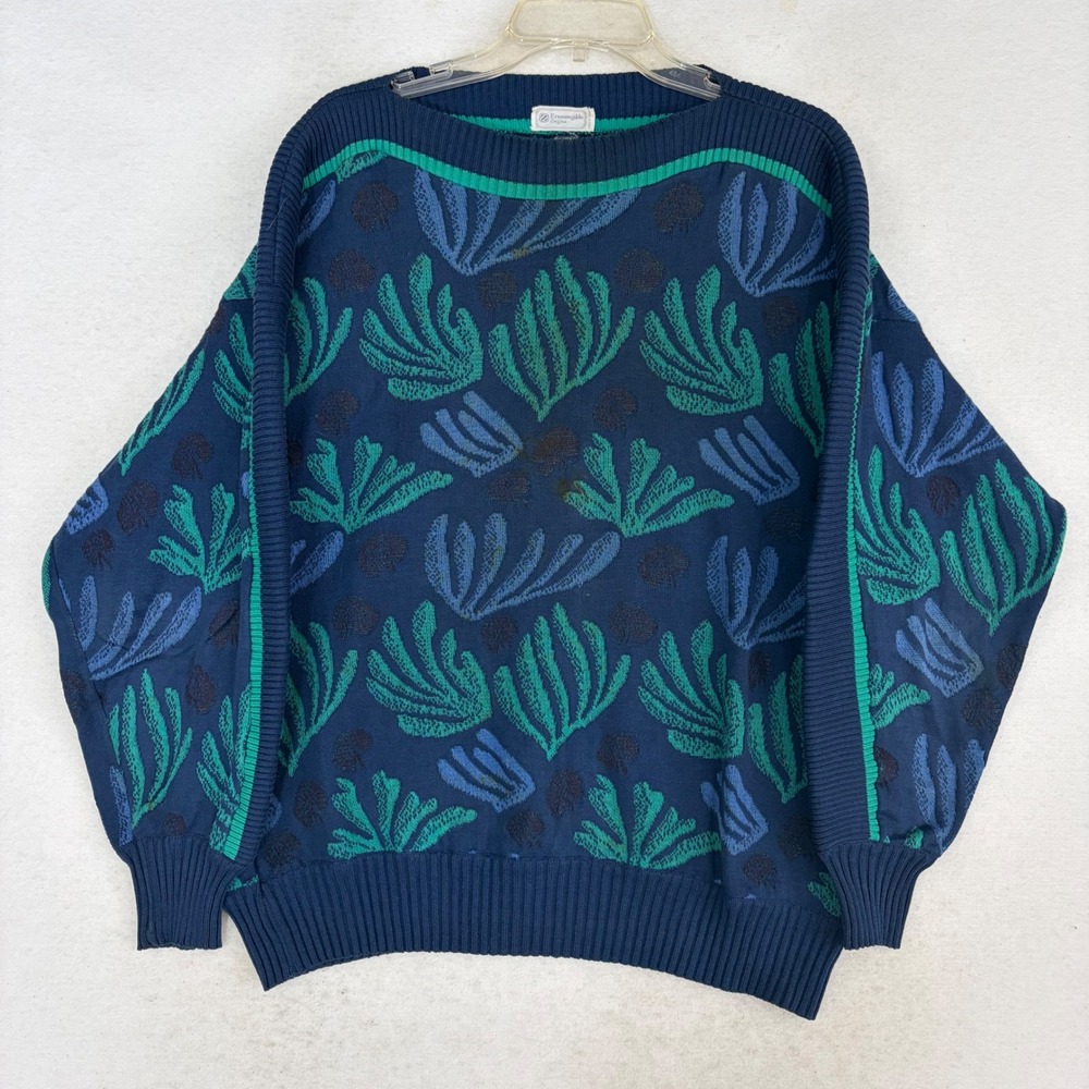 Vintage 90s Ermenegildo Zegna Boat Neck Sweater Cotton Jacquard Abstract Leaf L